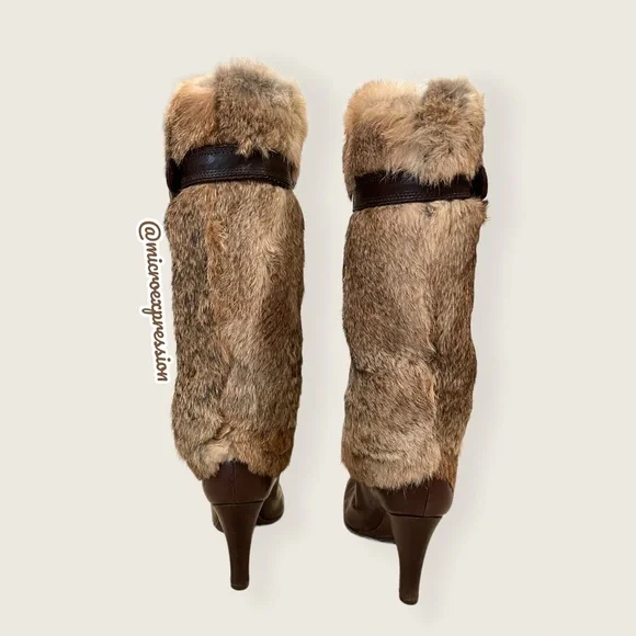 $699 RARE Frye Ava Rabbit Fur Vintage Luxury Brown Leather Stiletto Heel Boot - Picture 4 of 10